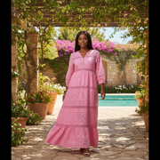 Robe longue brodée femme rose bonbon
