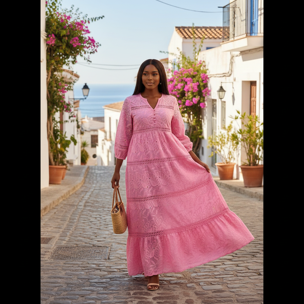 Robe longue brodée femme rose bonbon