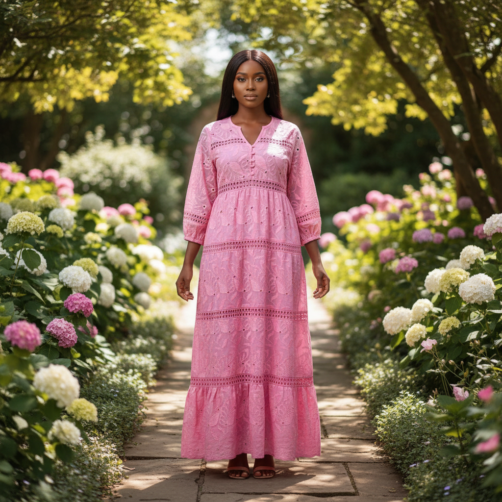 Robe longue brodée femme rose bonbon
