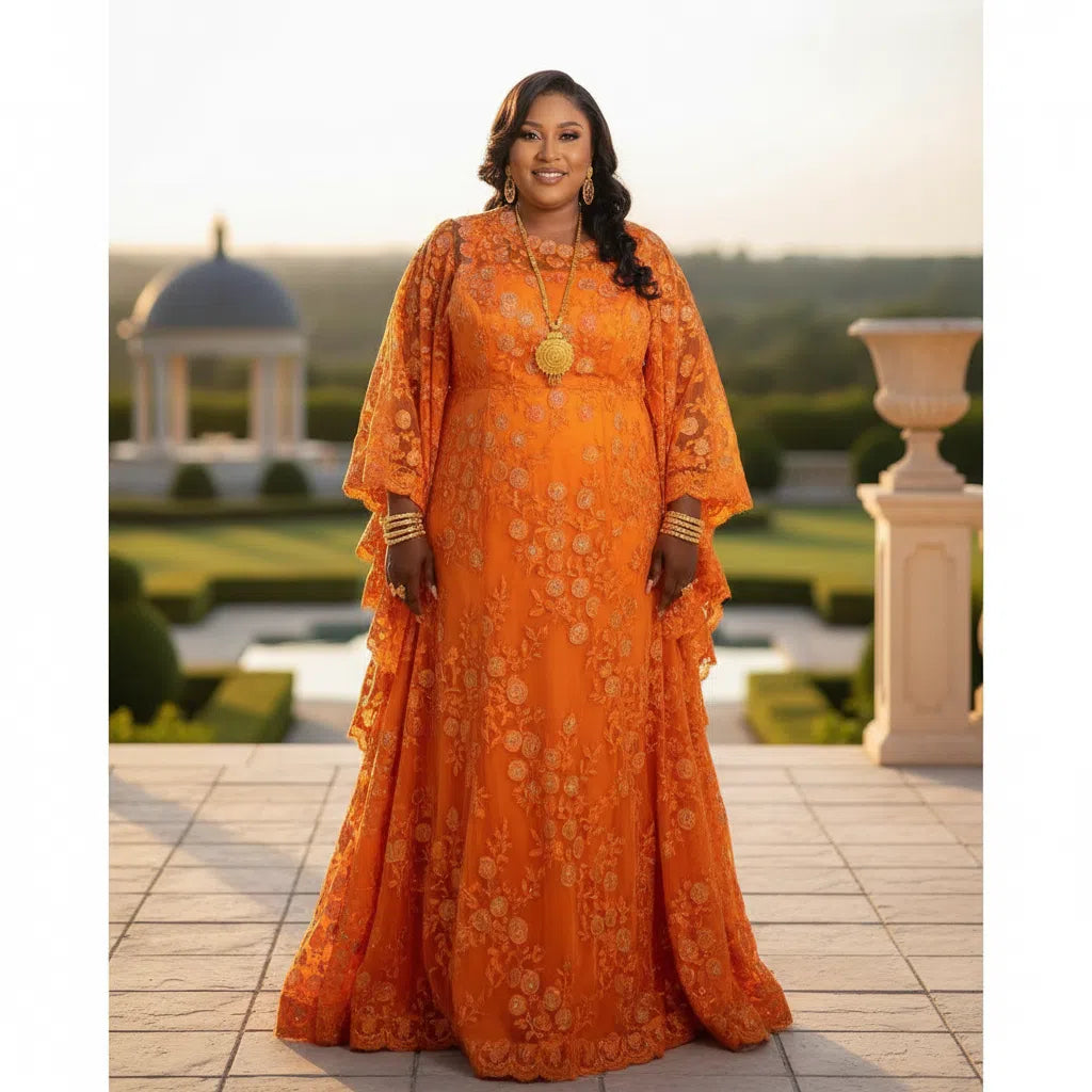 Robe Cérémonie Orange Brocart Éclatant - Élégance Ample