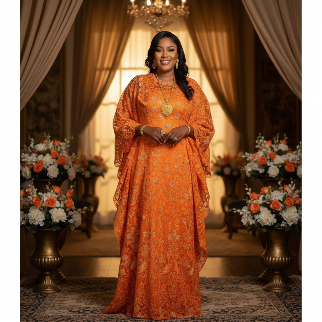 Robe Cérémonie Orange Brocart Éclatant - Élégance Ample