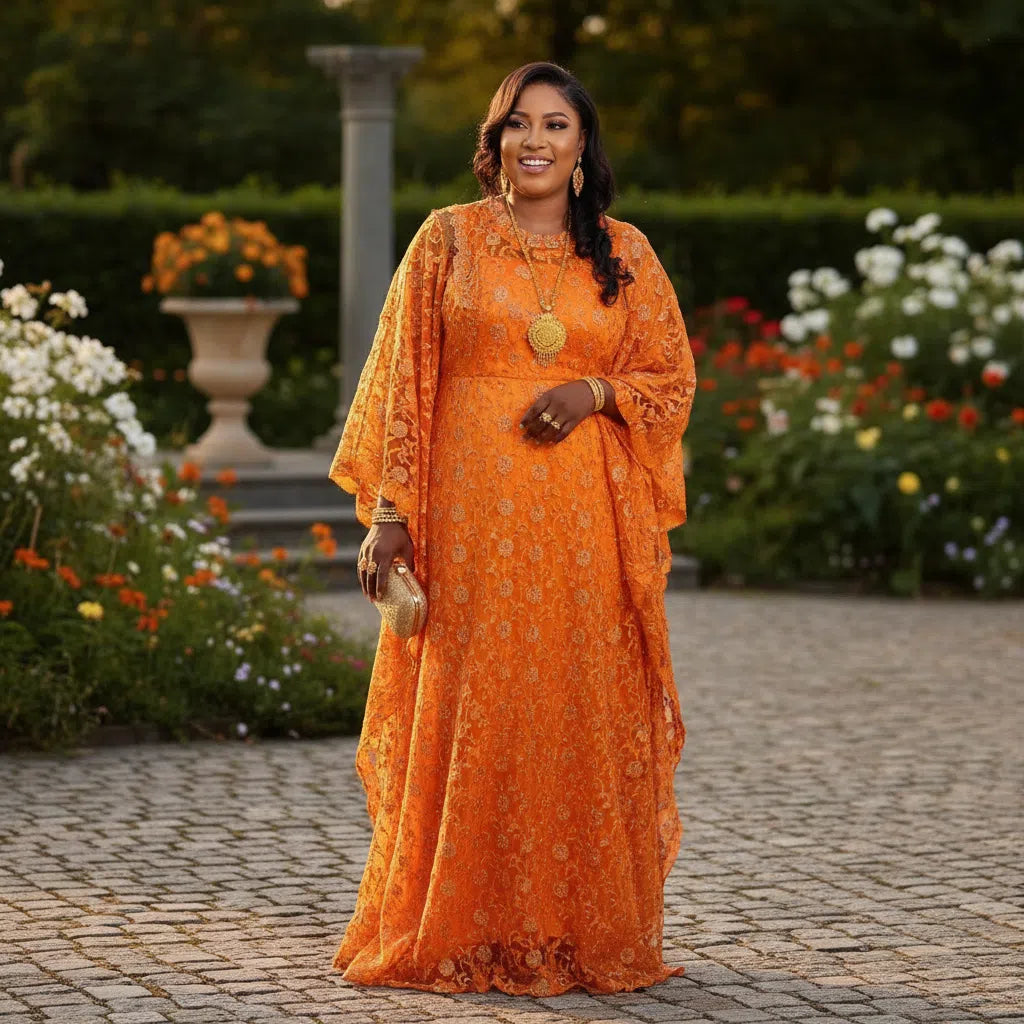 Robe Cérémonie mariage bapteme Orange Brocart Éclatant - Élégance Ample