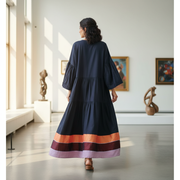 Robe Longue Femme Chic Bleu Orange Élégante en Coton - Confort et Sophistication