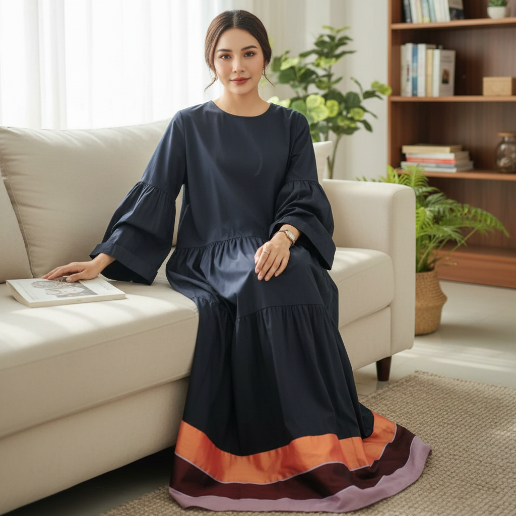 Robe Longue Femme Chic Bleu Orange Élégante en Coton - Confort et Sophistication