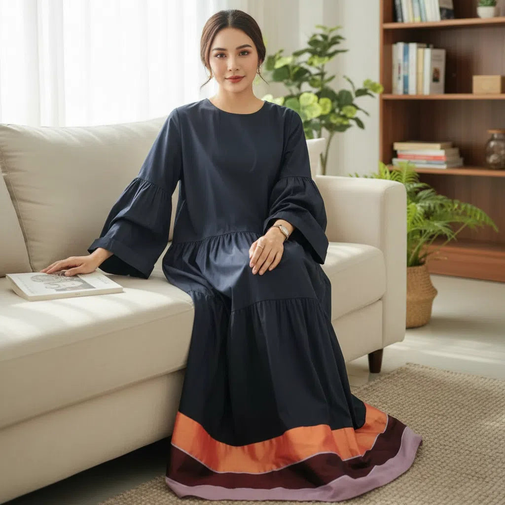 Robe Longue Femme Chic Bleu Orange Élégante en Coton - Confort et Sophistication