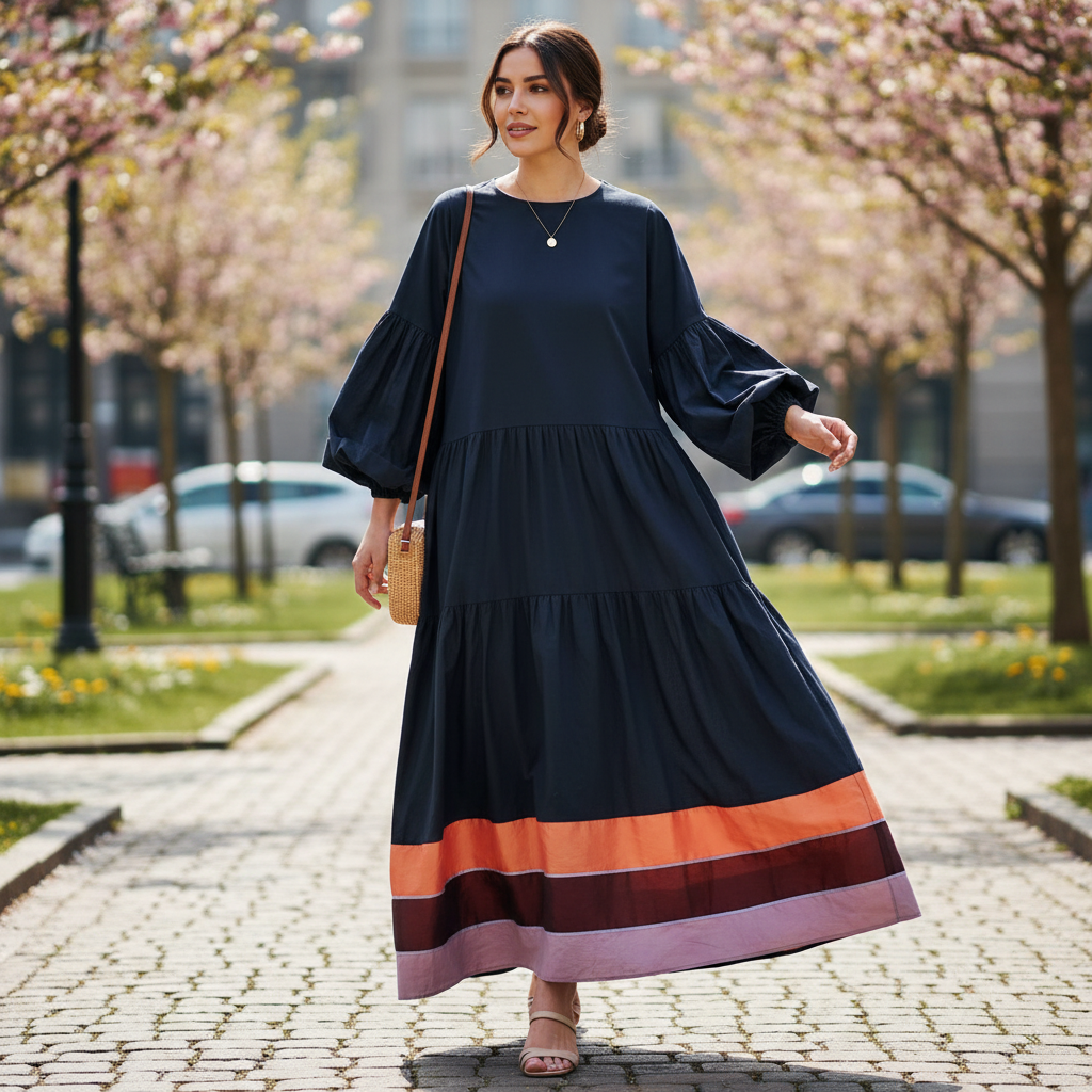 Robe Longue Femme Chic Bleu Orange Élégante en Coton - Confort et Sophistication