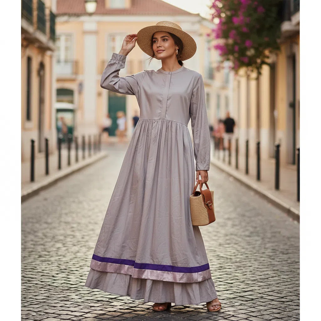 Robe Longue Évasée Gris Coton Satiné - Élégance Moderne