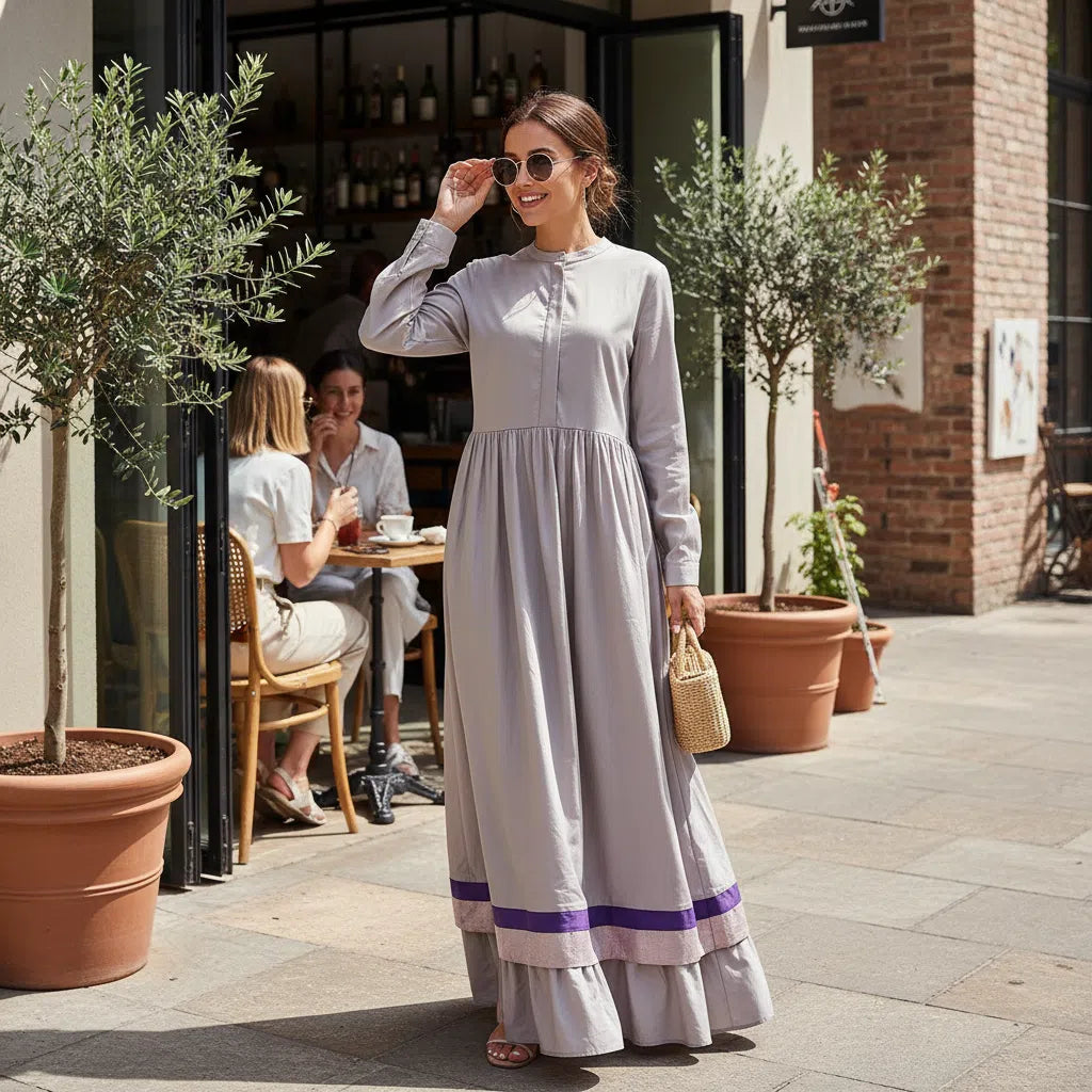 Robe Longue Évasée Gris Coton Satiné - Élégance Moderne