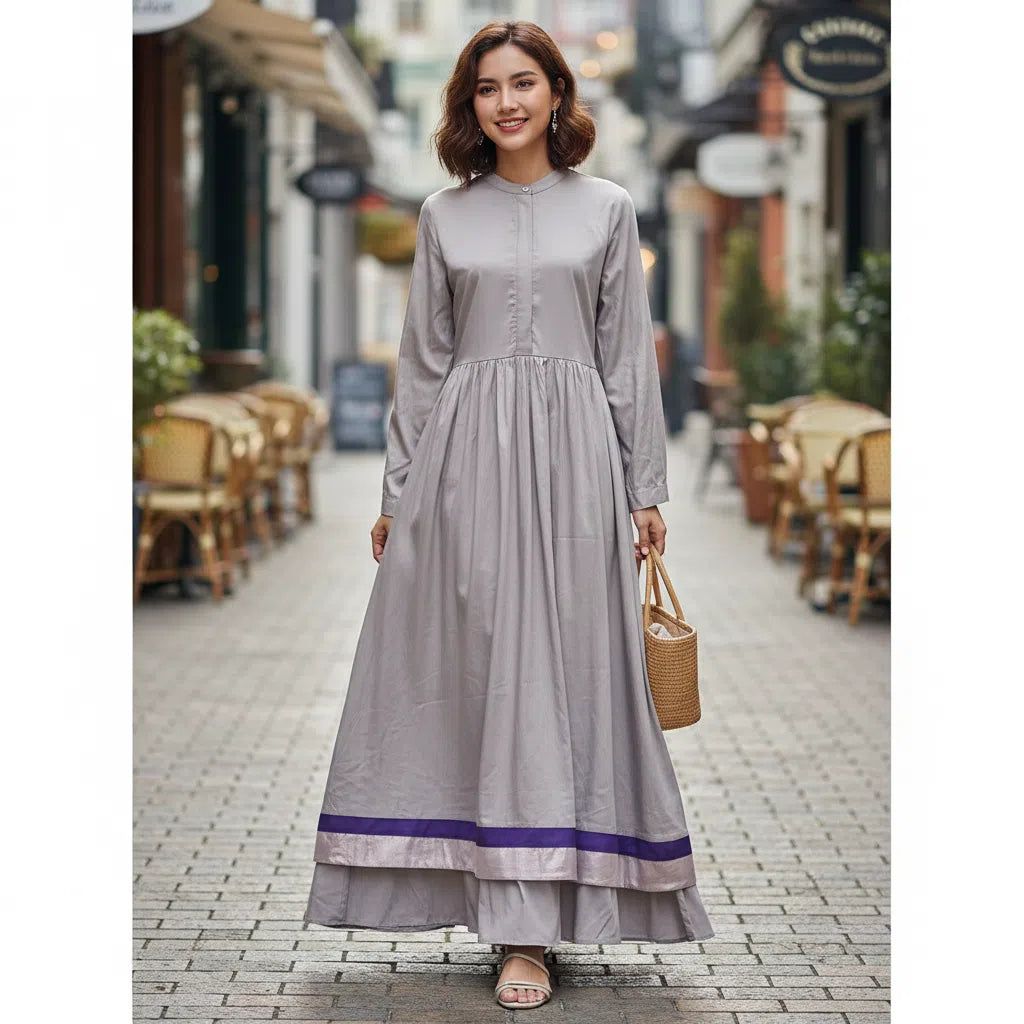 Robe Longue Évasée Gris Coton Satiné - Élégance Moderne