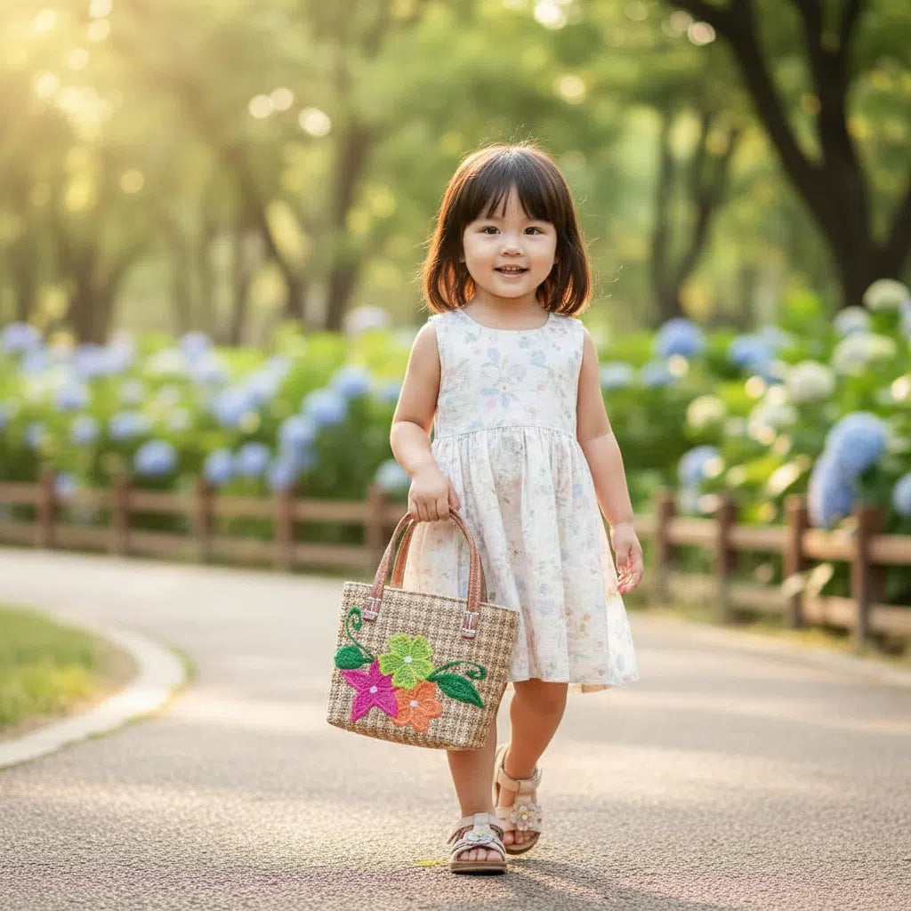 Mini sac panier fillette raphia tressé en avec détails rayures