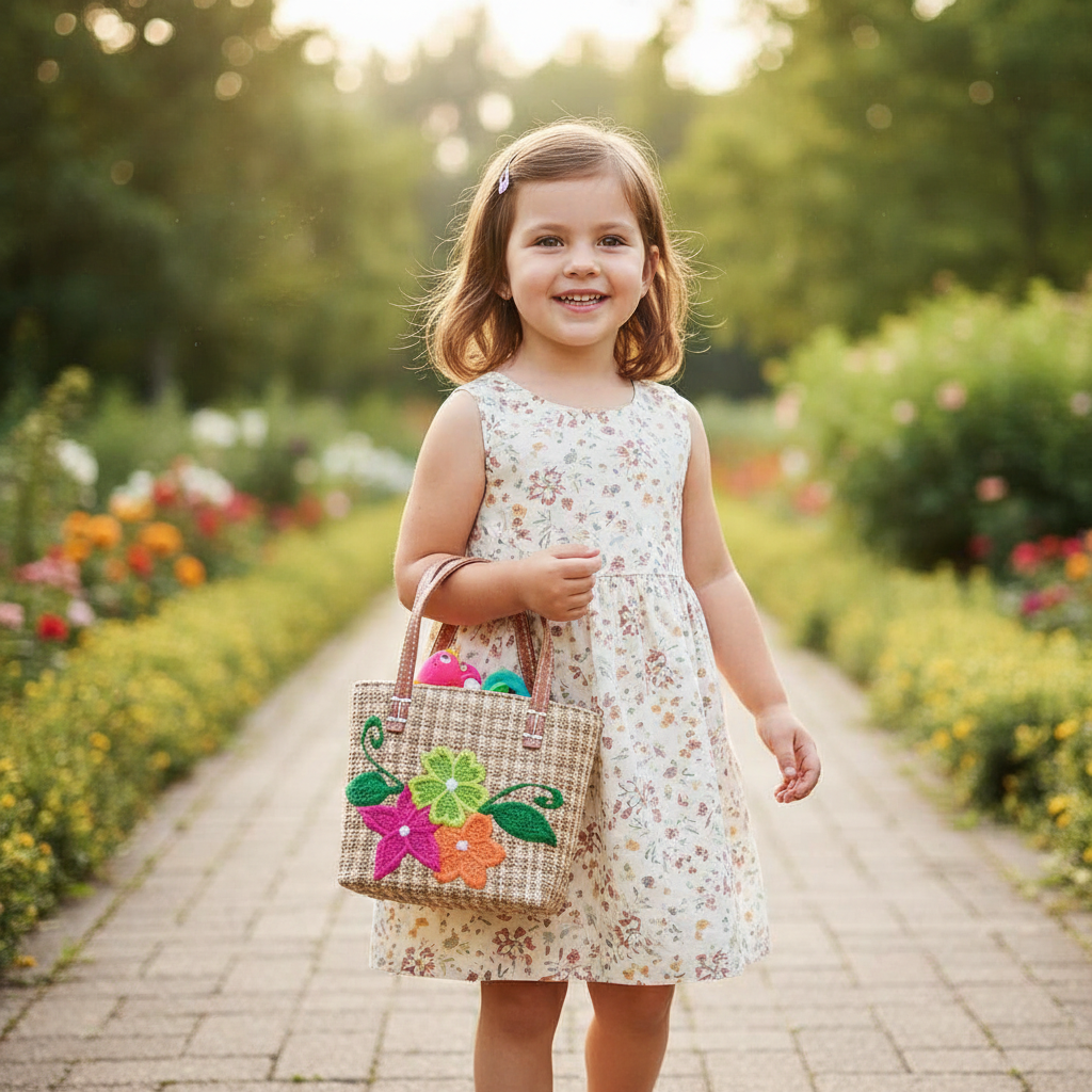 Mini sac panier fillette raphia tressé en avec détails rayures