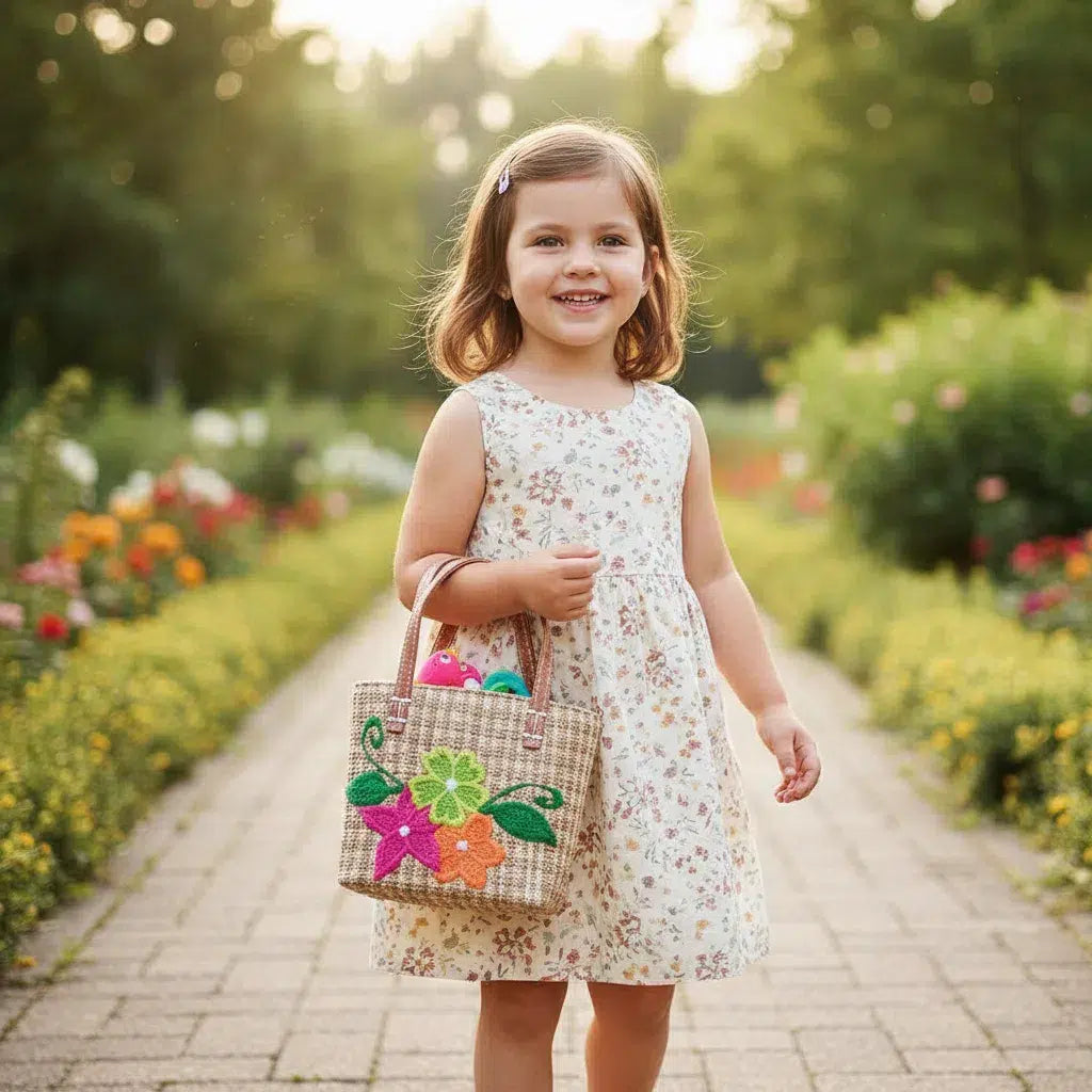 Mini sac panier fillette raphia tressé en avec détails rayures