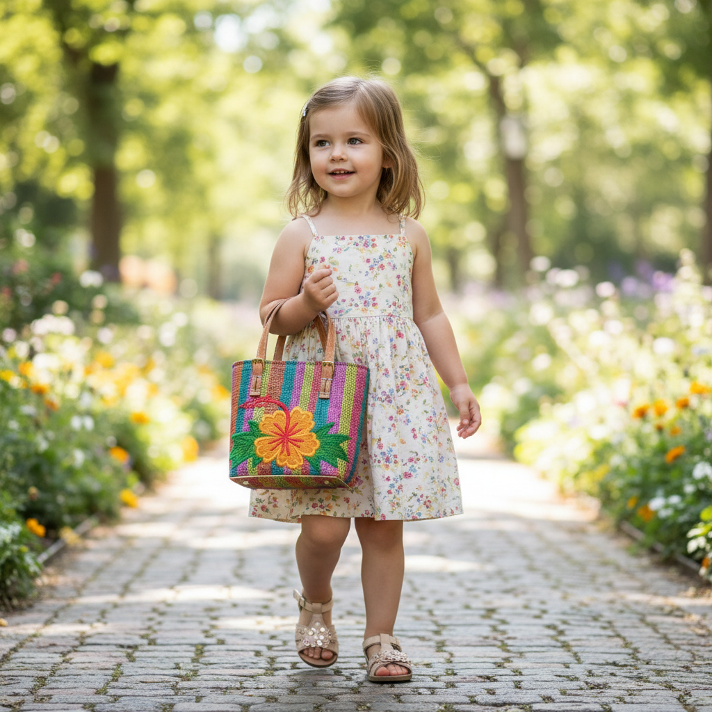Mini sac panier fillette raphia tressé en en vert et rose