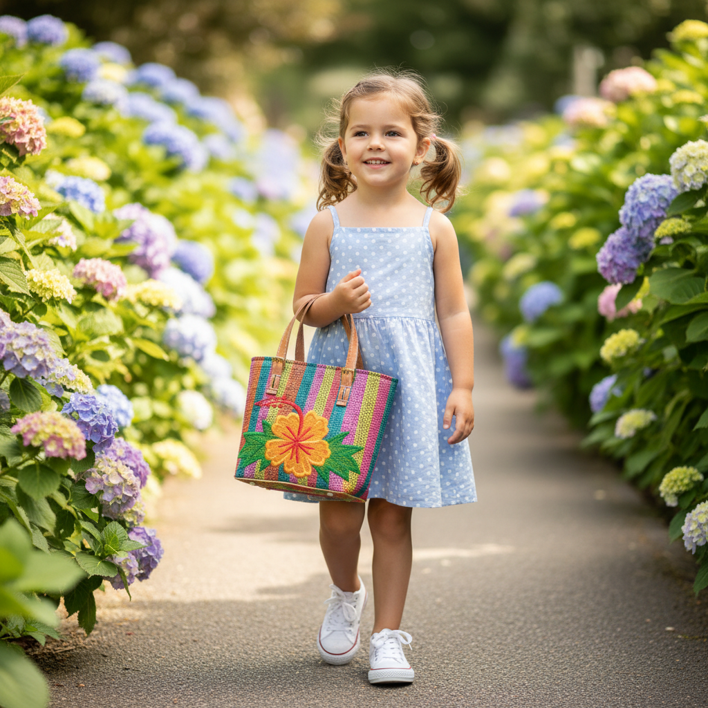 Mini sac panier fillette raphia tressé en en vert et rose