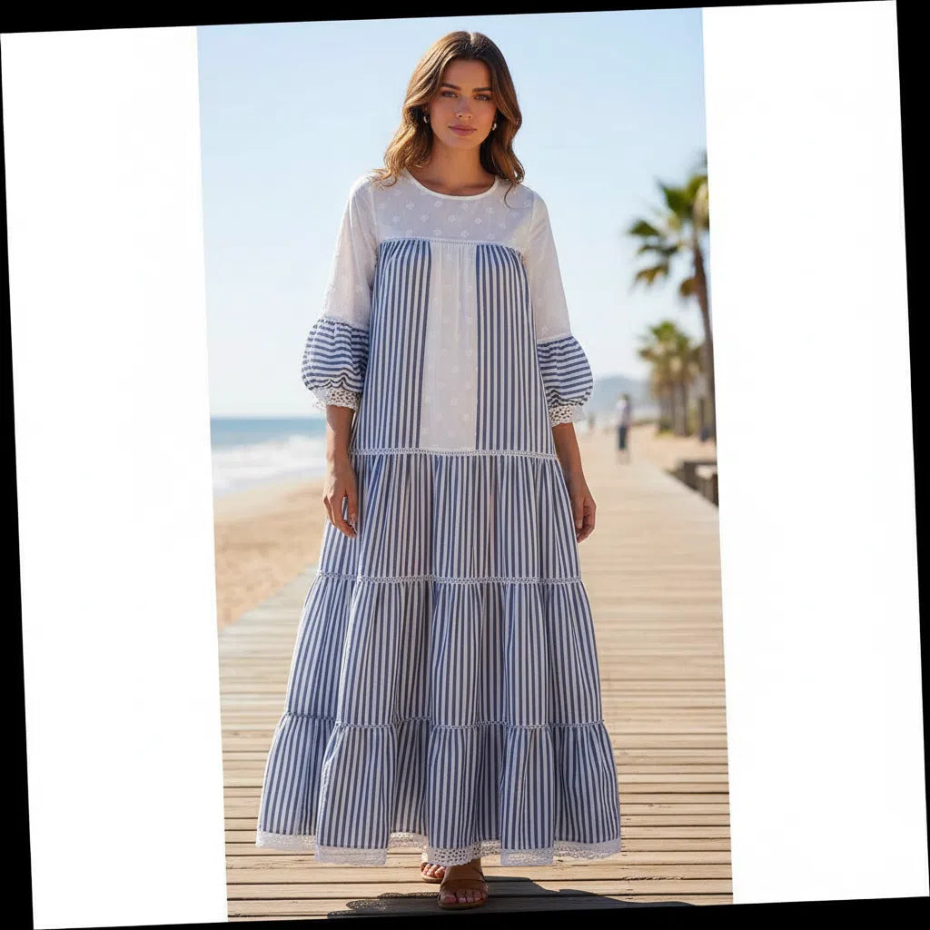 Robe longue femme rayée bleu et blanc en coton lin