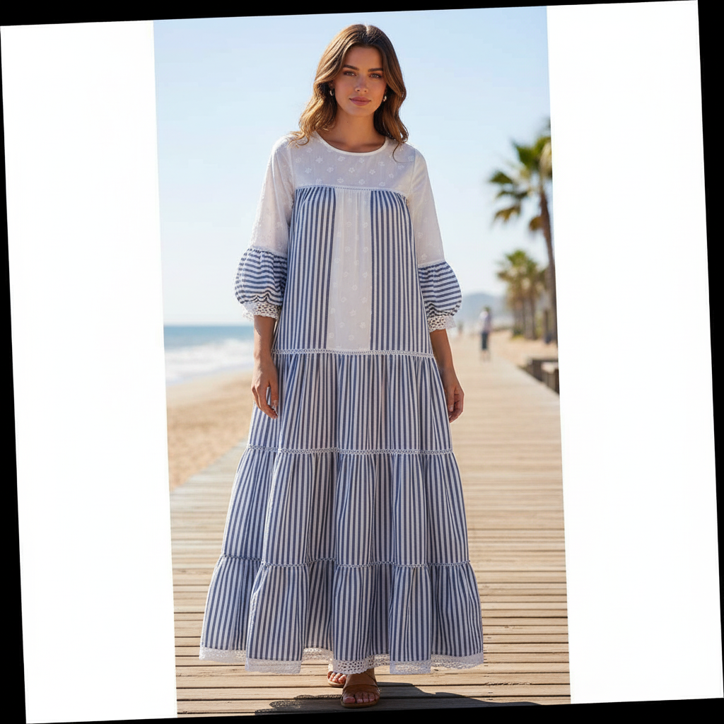 Robe longue femme rayée bleu et blanc en coton lin