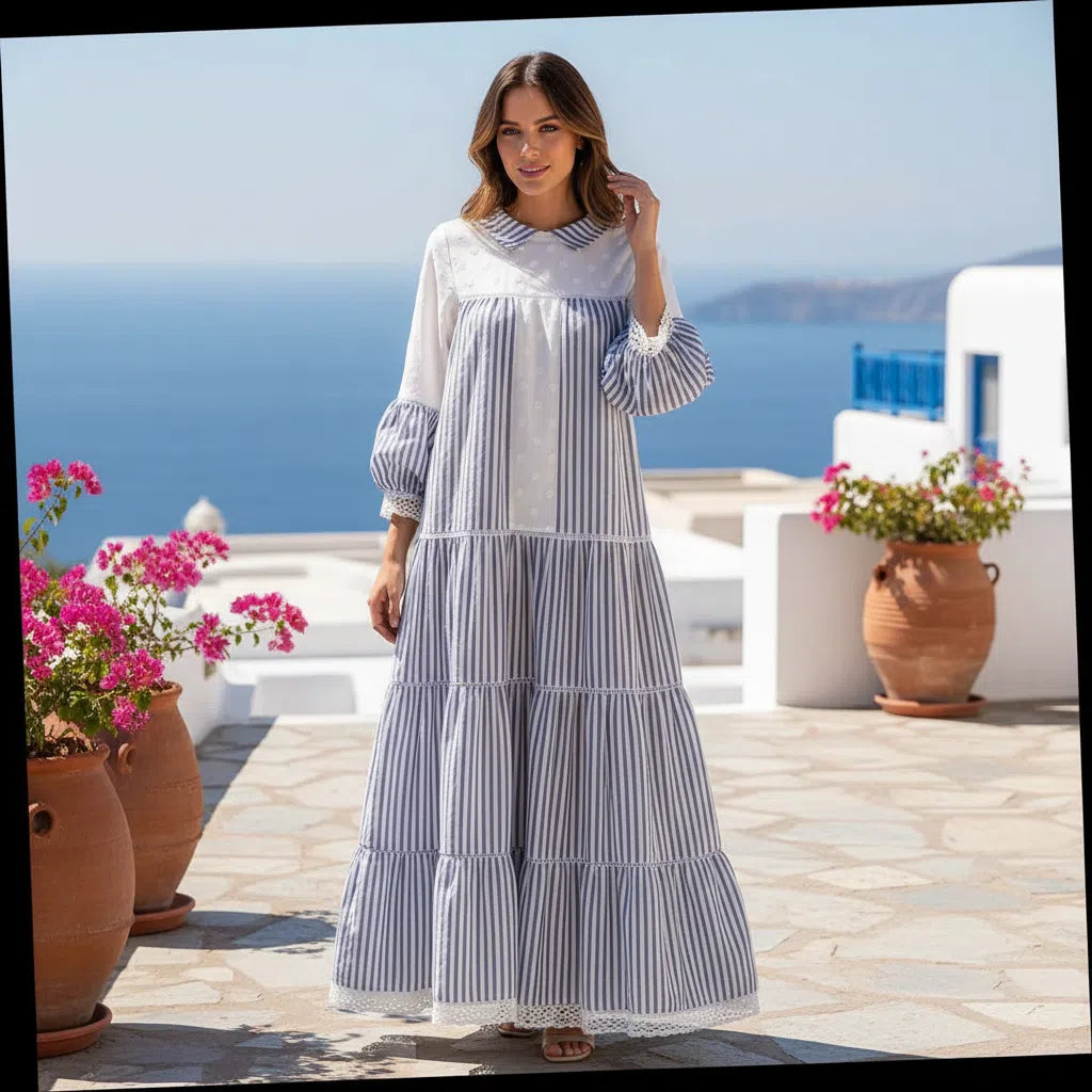 Robe longue femme rayée bleu et blanc en coton lin