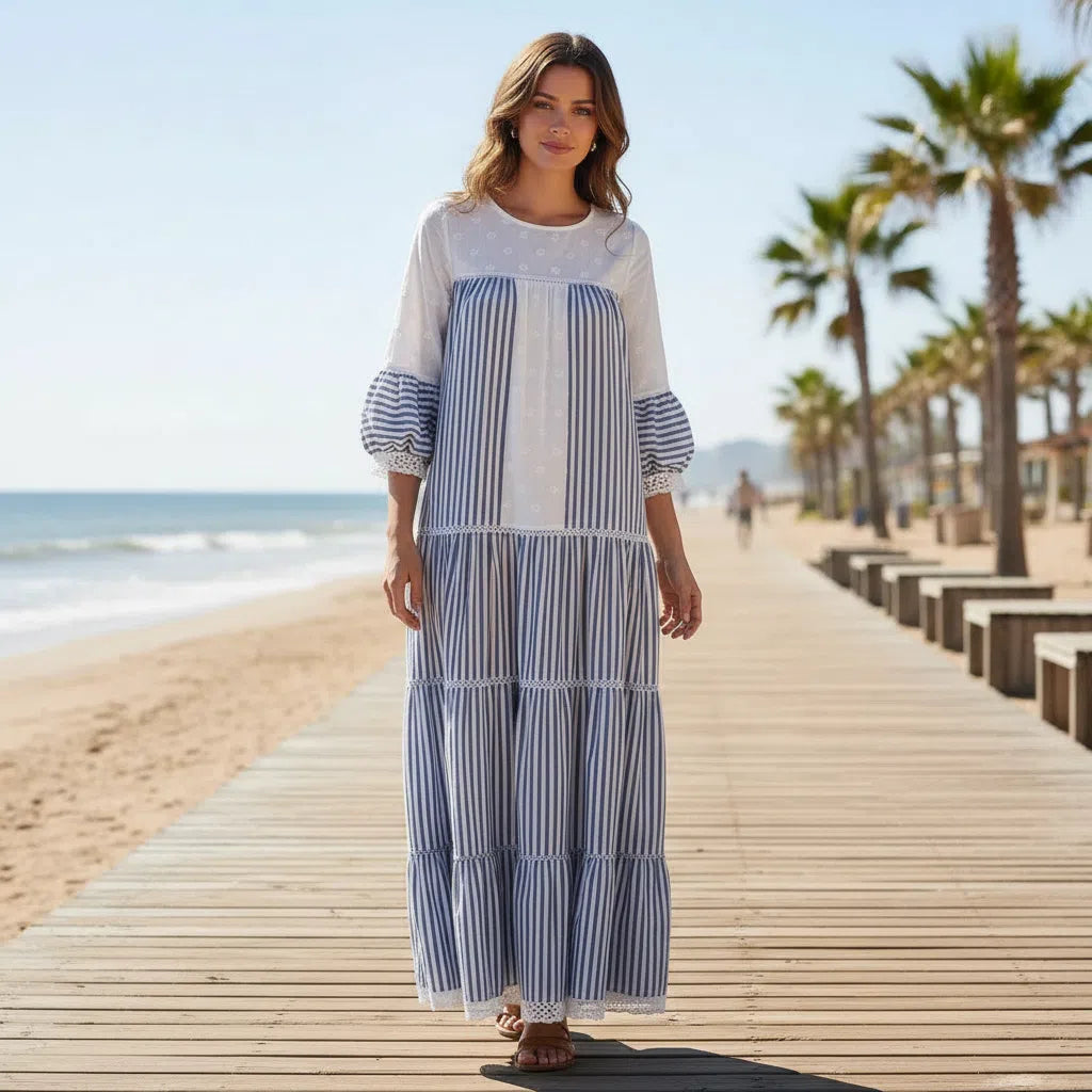 Robe longue femme rayée bleu et blanc en coton lin