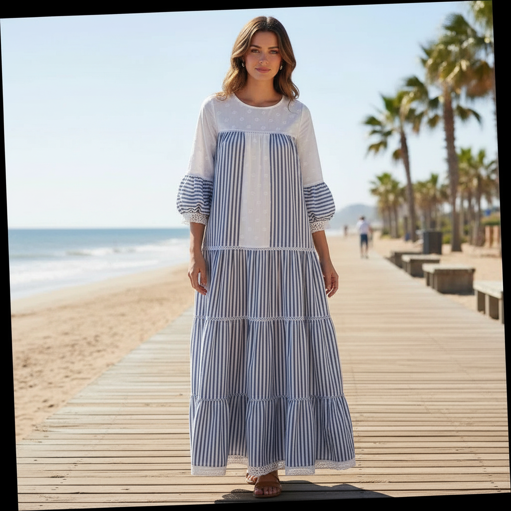 Robe longue femme rayée bleu et blanc en coton lin