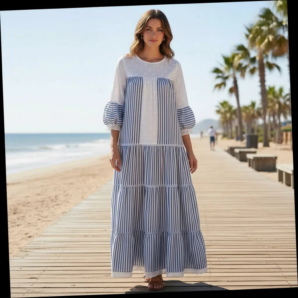 Robe longue femme rayée bleu et blanc en coton lin