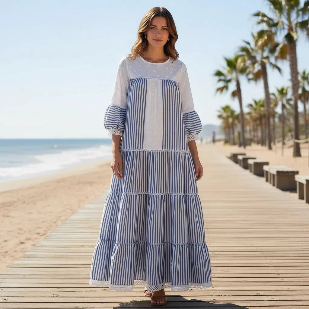 Robe longue femme rayée bleu et blanc en coton lin