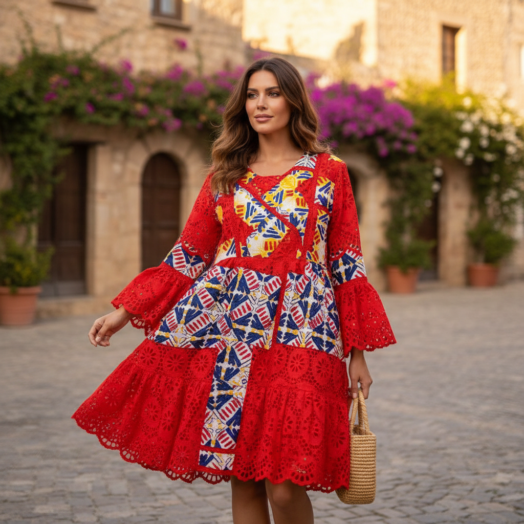 Robe brodée rouge femme bohème avec manches bouffantes