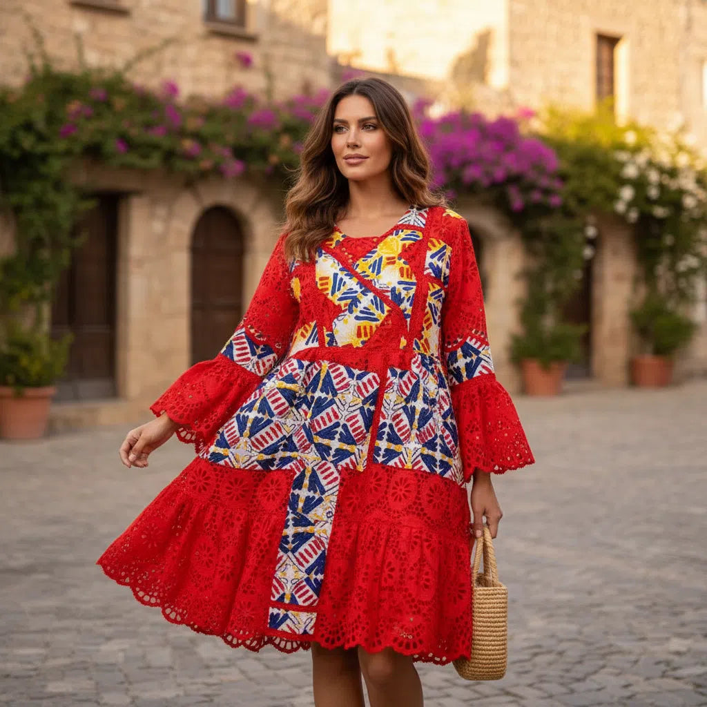 Robe brodée rouge femme bohème avec manches bouffantes