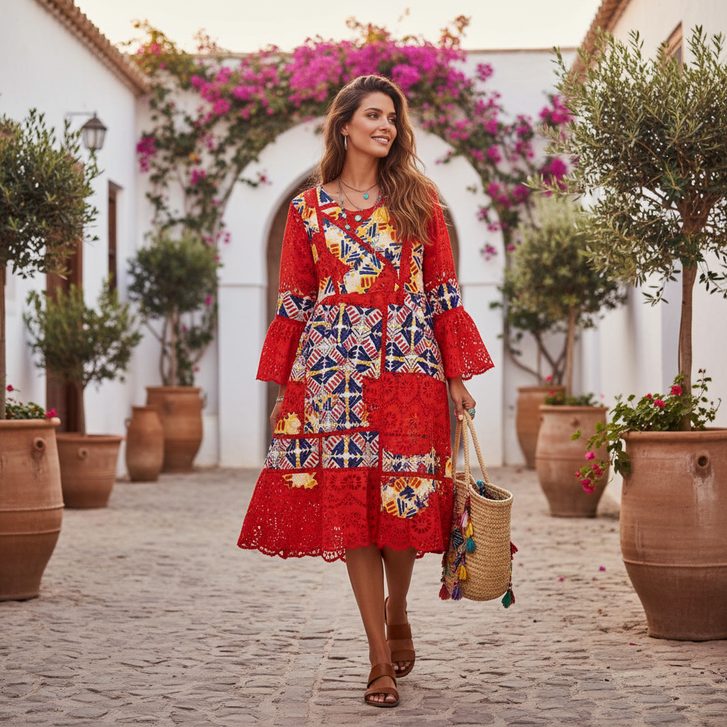 Robe brodée rouge femme bohème avec manches bouffantes