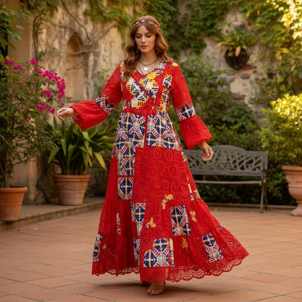 Robe brodée rouge femme bohème avec manches bouffantes