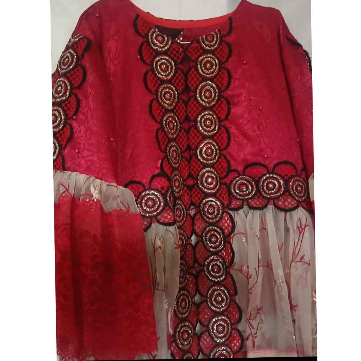 Robe Longue Rouge en Dentelle Brodée pour Femme