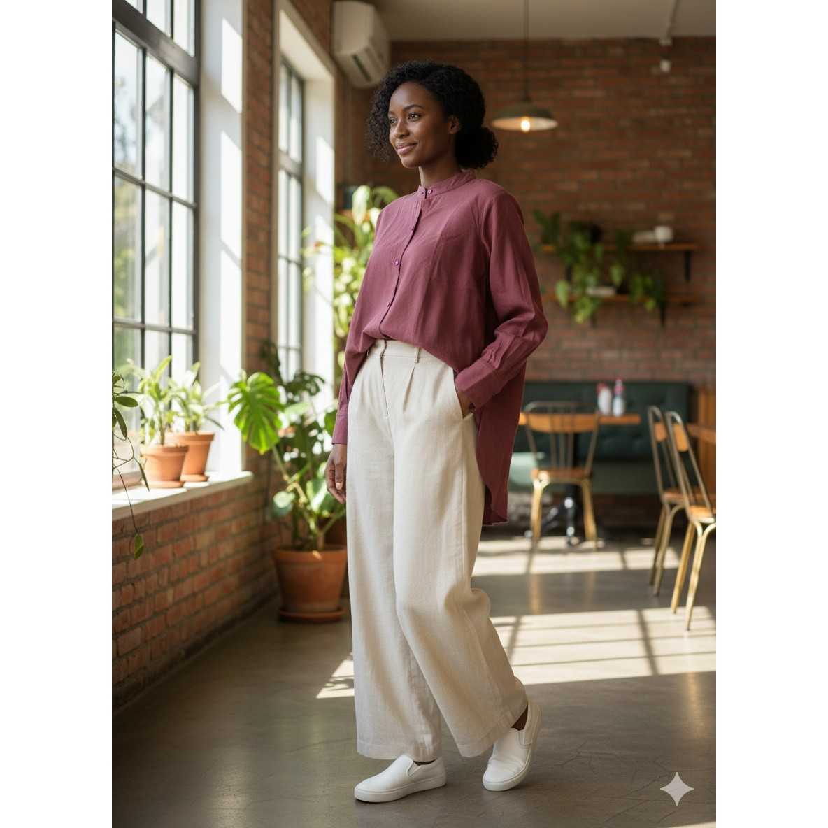 Ensemble lin femme chic : chemise asymétrique bordeaux et pantalon ample beige