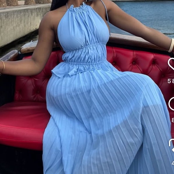 Robe longue femme élégante bleu ciel, chic plissée cérémonie et soirée