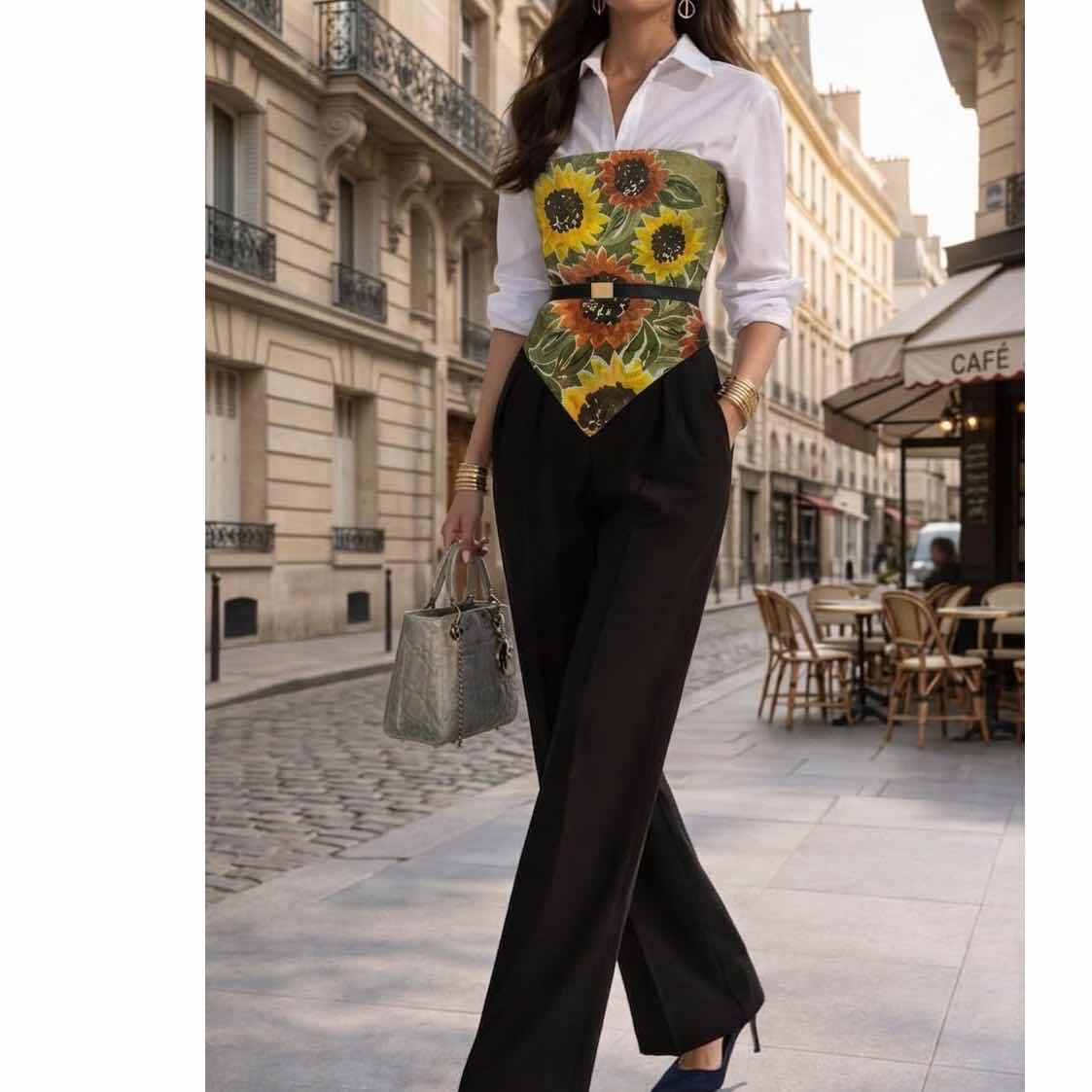 Foulard carré en soie vert sauge à motifs tournesol, accessoire femme chic