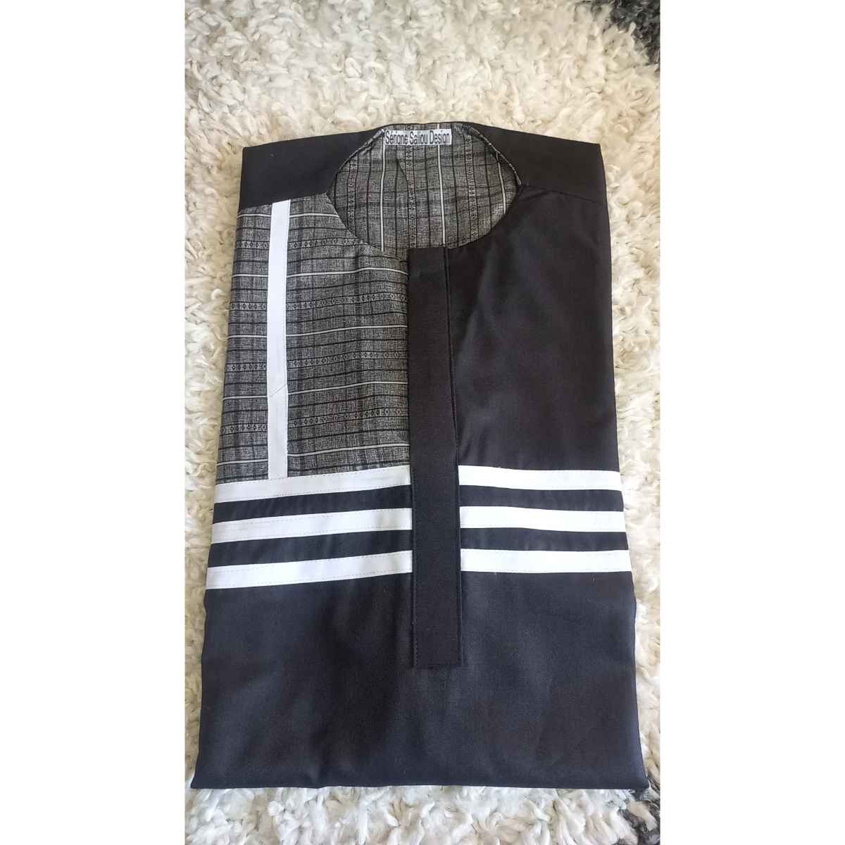 Ensemble homme élégant noir et gris, tenue cérémonie col rond coton