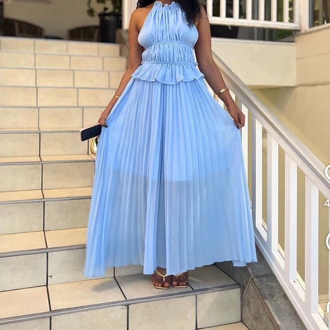 Robe longue femme élégante bleu ciel, chic plissée cérémonie et soirée