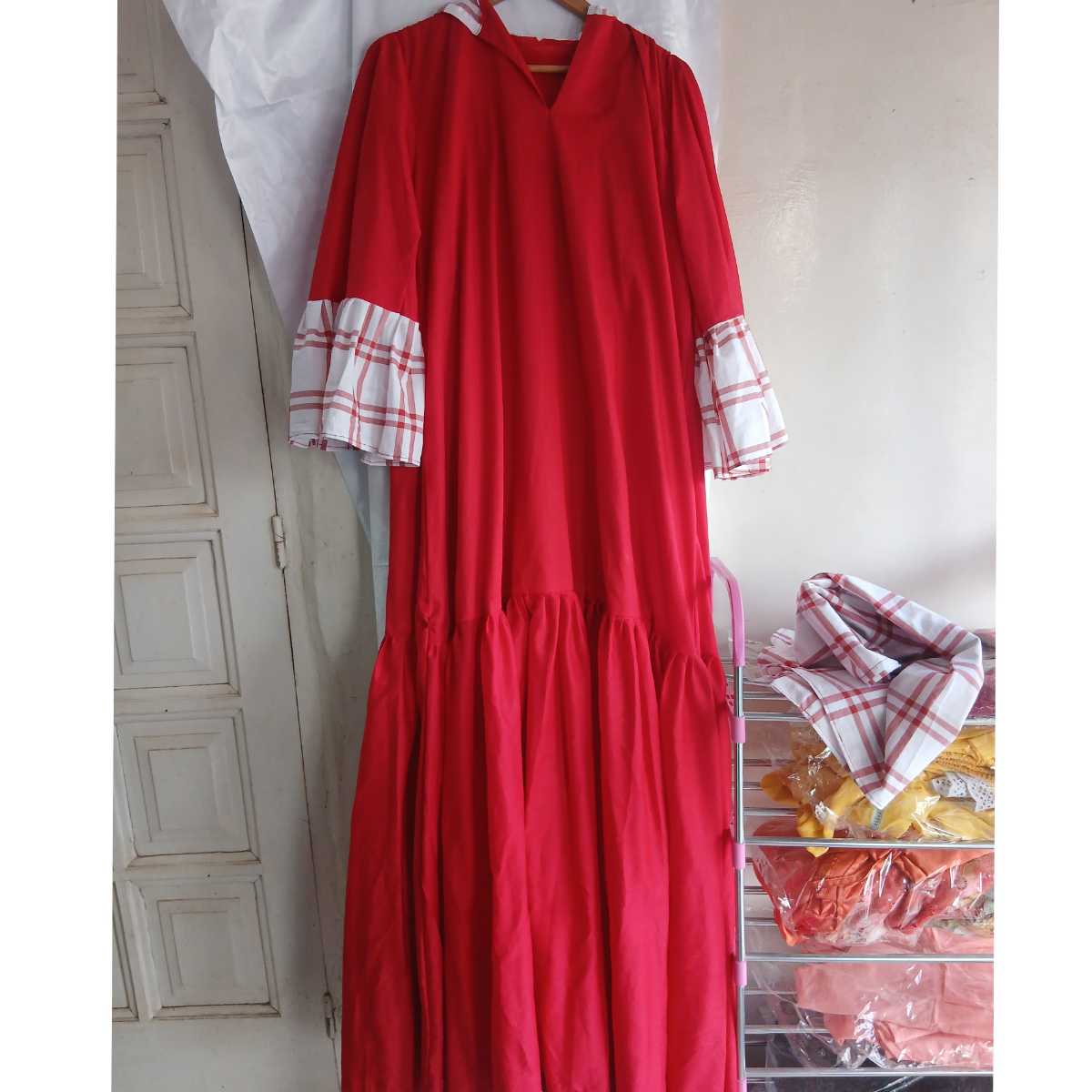 Robe femme coton rouge blanc longue chic décontractée manches 3/4