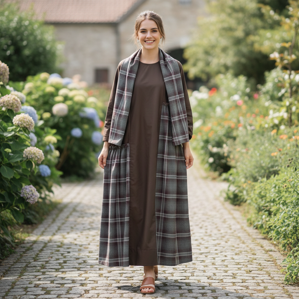Robe Maxi Élégance en Coton Marron à Carreaux - Confort Moderne