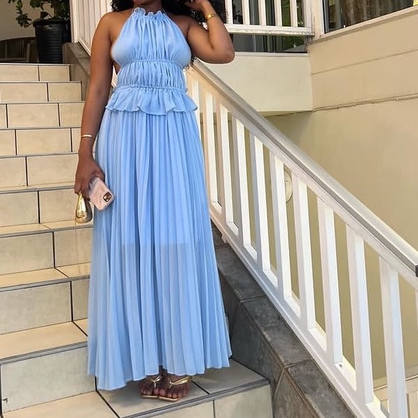 Robe longue femme élégante bleu ciel, chic plissée cérémonie et soirée
