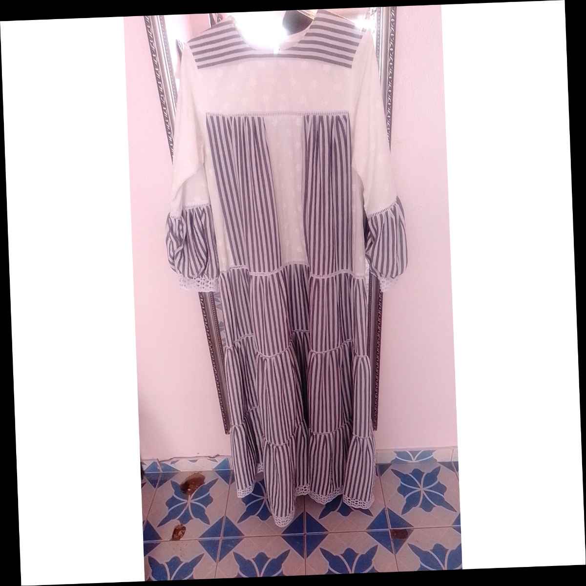 Robe longue femme rayée bleu et blanc en coton lin