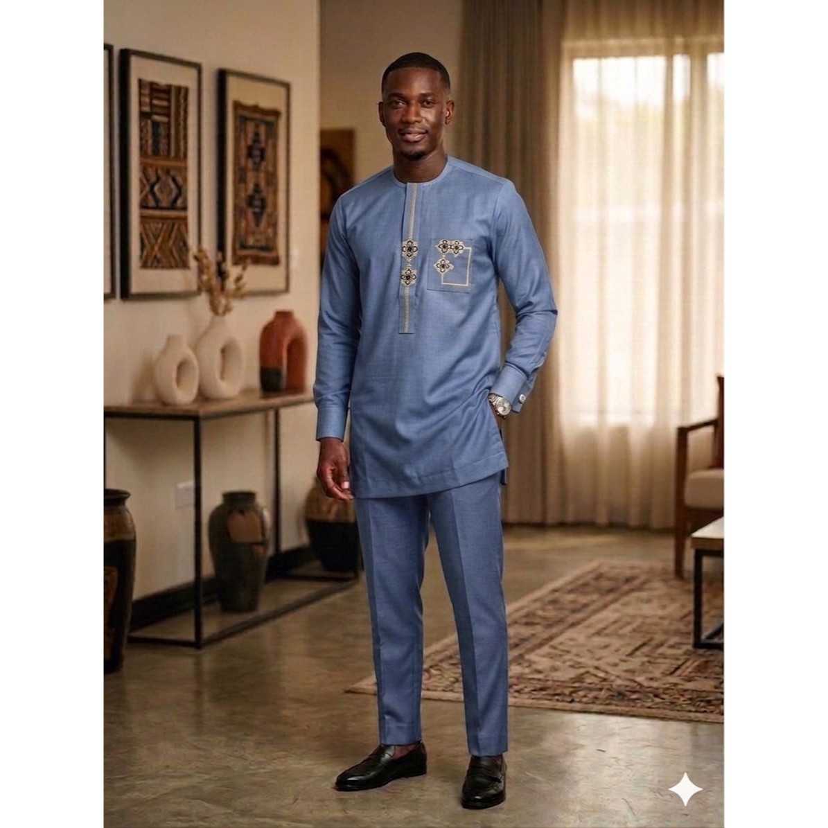 Tunique homme élégante bleu, tenue traditionnelle chic, coton polyester