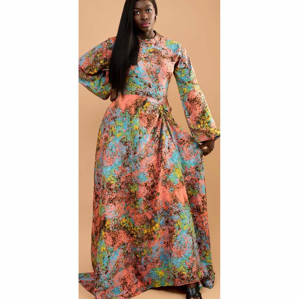 Robe Coton femme rose et multicouleur , longue fleurie, manches bouffantes
