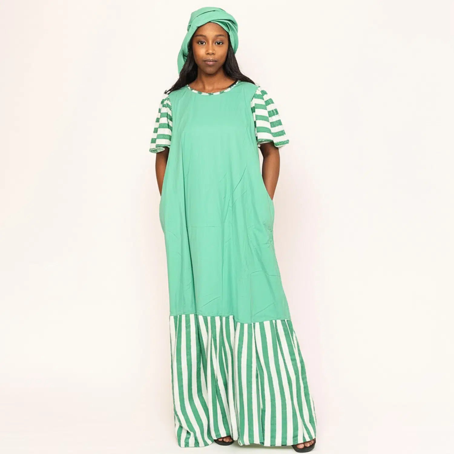 Robe longue en coton vert et lin à rayures