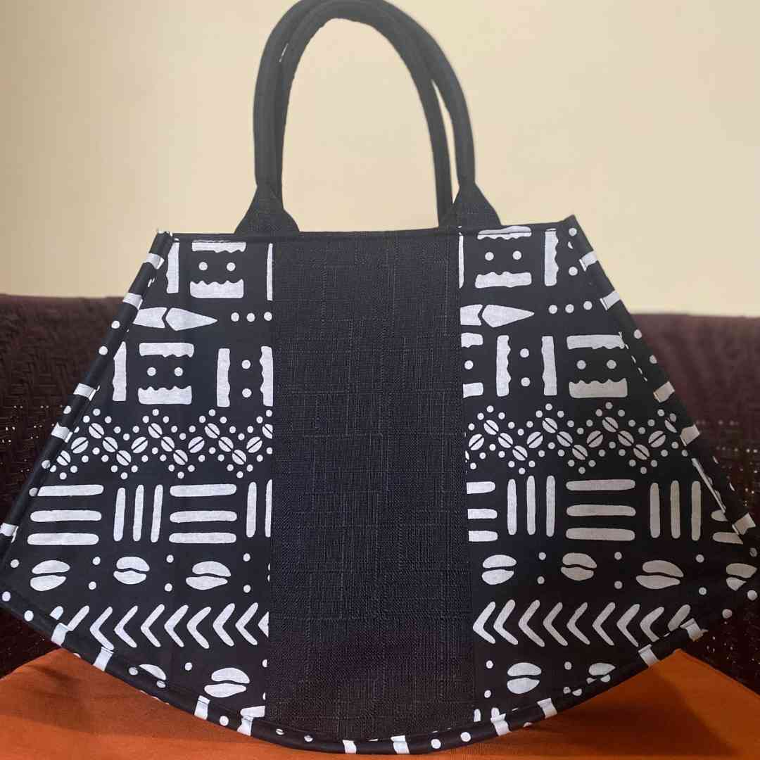 Grand sac à main wax et raphia noir et blanc