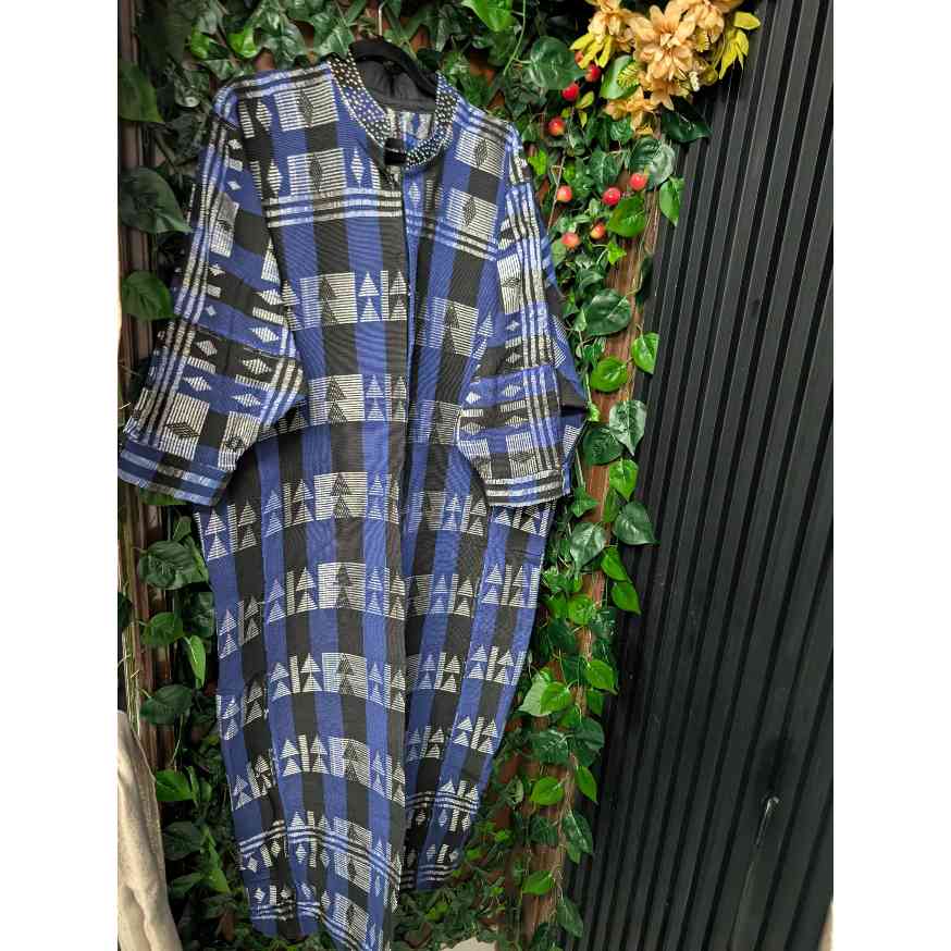 Cardigan long femme bleu motif géométrique