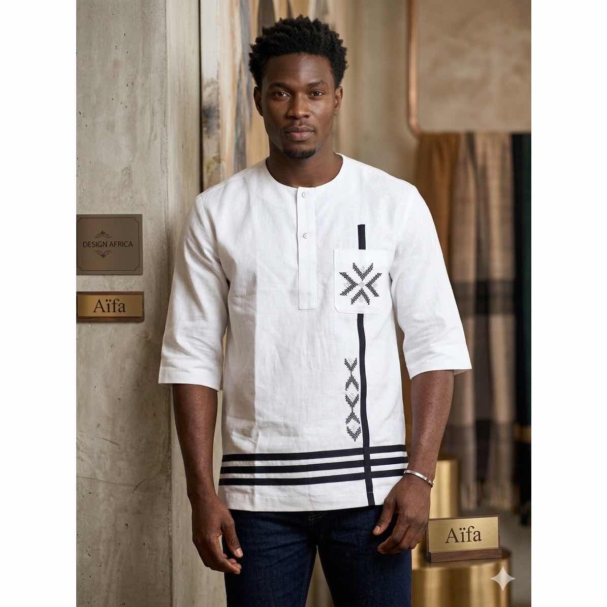 Chemise homme élégante blanche à motifs noirs coton lin, manches trois quarts