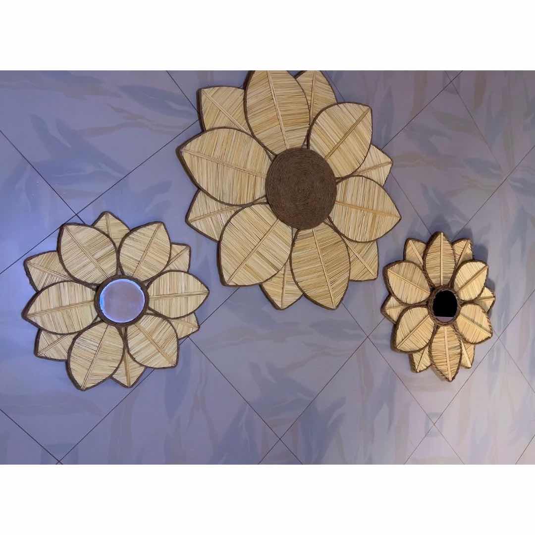 Lot de 3 Décorations Murales en Fibres Naturelles Forme Fleur