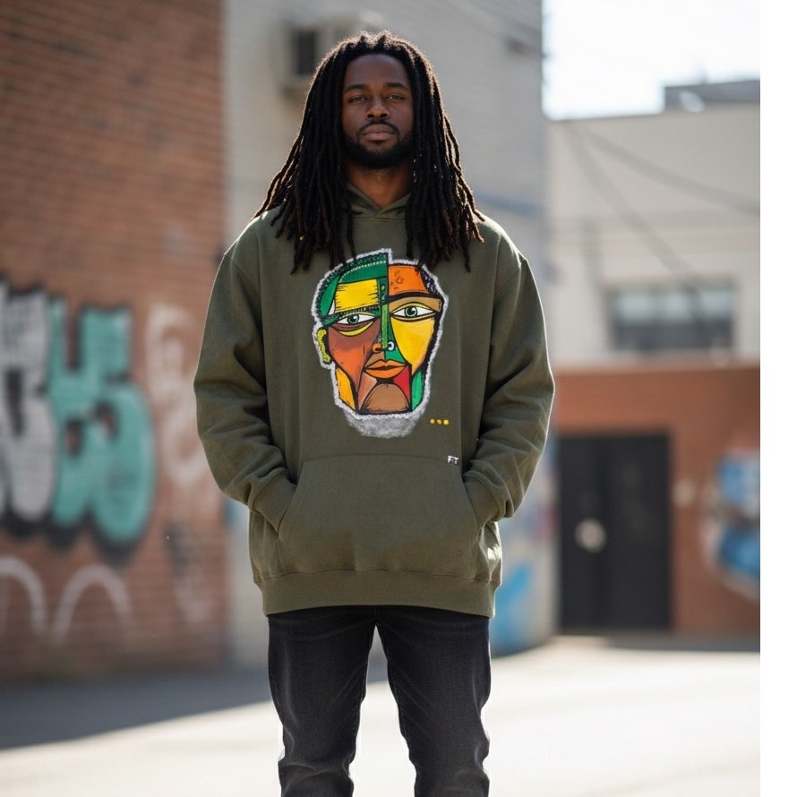 Sweat-shirt « vert militaire » avec masque tribal. Grande taille et qualité du pull Premium.