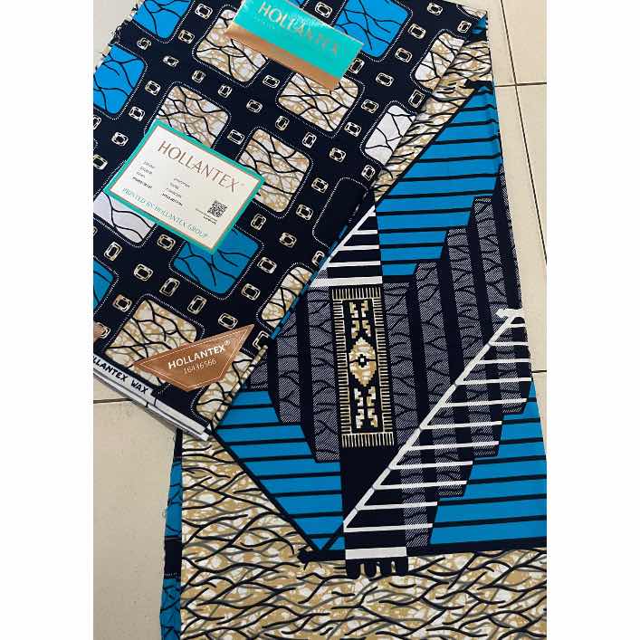 Pagne hollantex original 6 yards – tissu wax africain bleu et beige