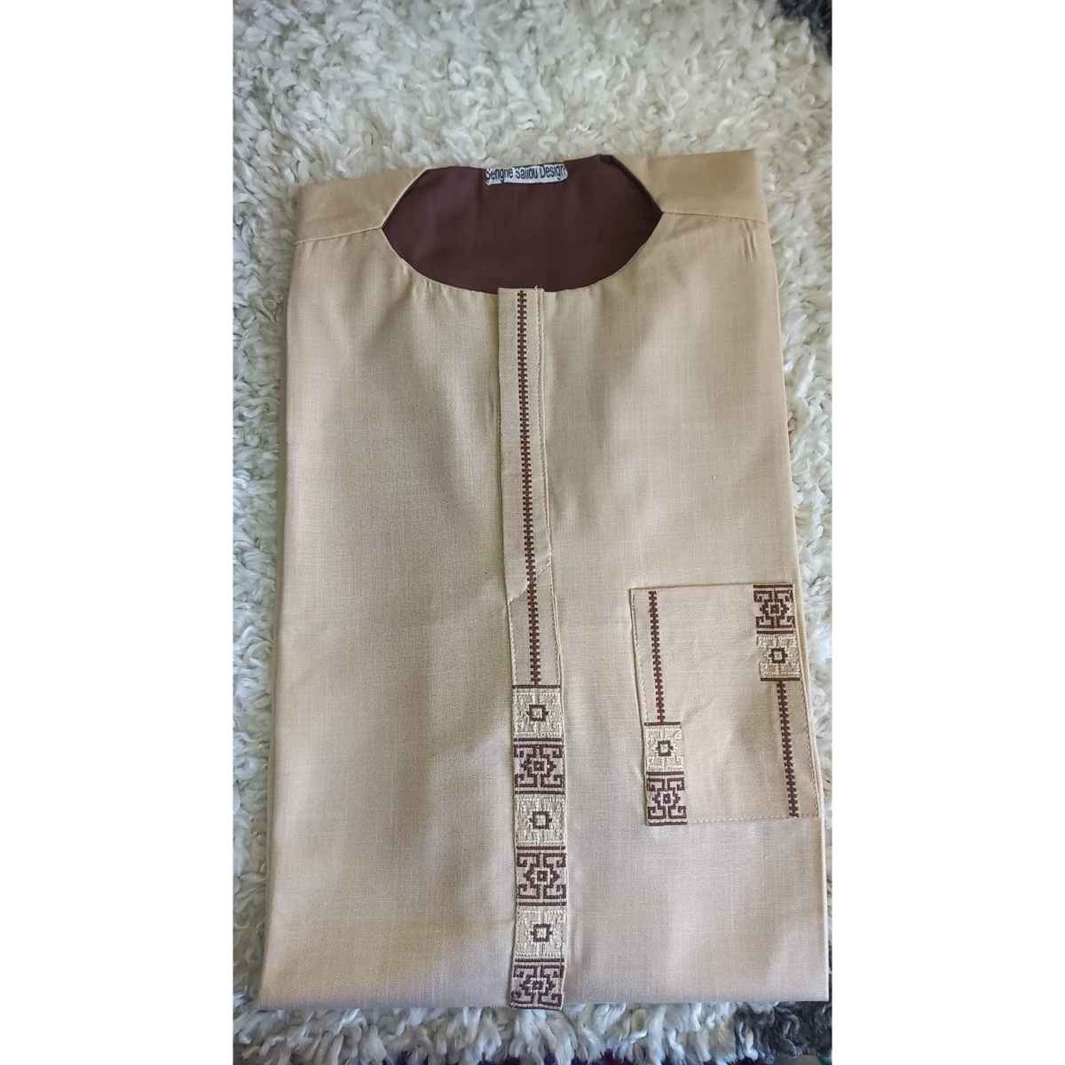 Chemise traditionnelle homme beige coton lin, broderie ethnique chic XXL