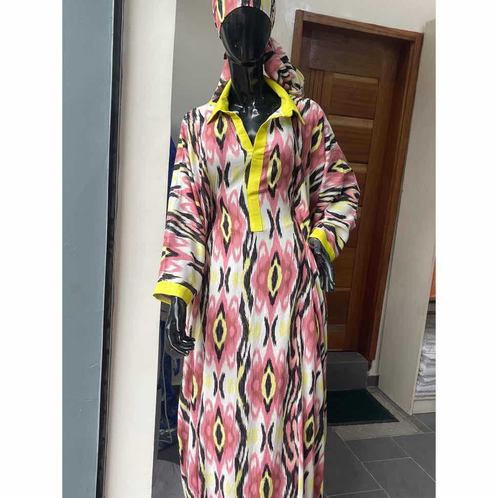 Tunique femme ethnique longue fluide coton, imprimé ikat, grande taille